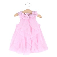 Cute Flower Turn Down Collar Sleeveless Mesh Pure Color Baby Girls Dress