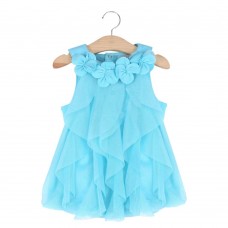 Cute Flower Turn Down Collar Sleeveless Mesh Pure Color Baby Girls Dress