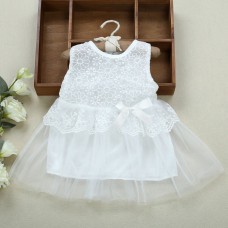 Sweet Round Neck Sleeveless Solid Color Lace Gauze Baby Girls Dress