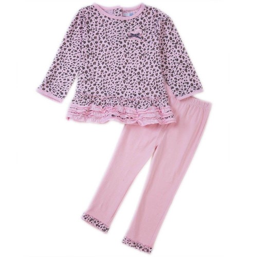 Stylish Round Neck Long Sleeve Cotton Leopard Pattern Baby Girls Twinset