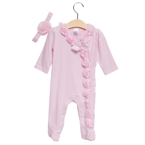 2pcs Sweet V-Neck Long Sleeve Pure Color Flower Bowknot Decorated Babies Romper with Headband