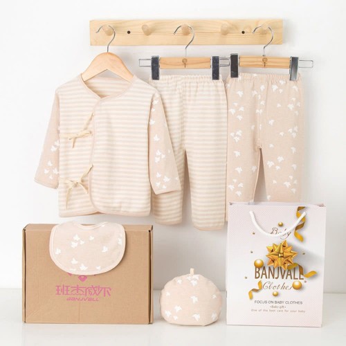 5Pcs Baby Clothes Set Unisex 100% Cotton Baby Suit Long Sleeve Tops & Long Pants & Hat & Bib Gift Set For Baby Girl Boy 6-12M Beige