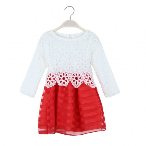 Sweet Kids Princess Crochet Lace Long Sleeve Striped Tulle Children Girls' Tutu Dress