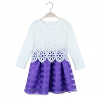 Sweet Kids Princess Crochet Lace Long Sleeve Striped Tulle Children Girls' Tutu Dress