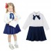 Fashion Children Girl Dress Bowknot Button Fastening Turn-Down Collar Long Sleeve Dress White