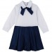 Fashion Children Girl Dress Bowknot Button Fastening Turn-Down Collar Long Sleeve Dress White