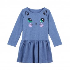 Cute Kids Cotton Cartoon Cat Print Dropped Waist Round Neck Long Sleeve Children Girls' Dress