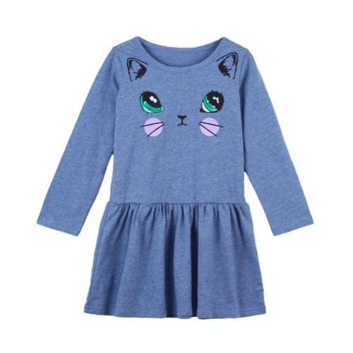 Cute Kids Cotton Cartoon Cat Print Dropped Waist Round Neck Long Sleeve Children Girls' Dress